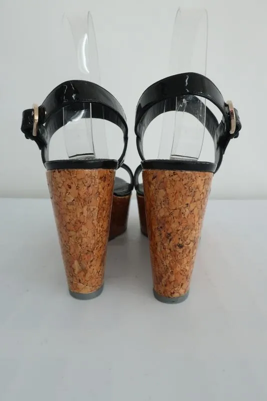 Sergio Rossi Coated Cork Platform Wedge Sandals Black Patent Leather Size 40