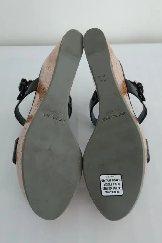 Sergio Rossi Coated Cork Platform Wedge Sandals Black Patent Leather Size 40