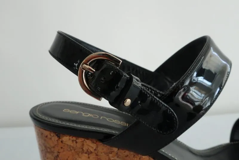 Sergio Rossi Coated Cork Platform Wedge Sandals Black Patent Leather Size 40