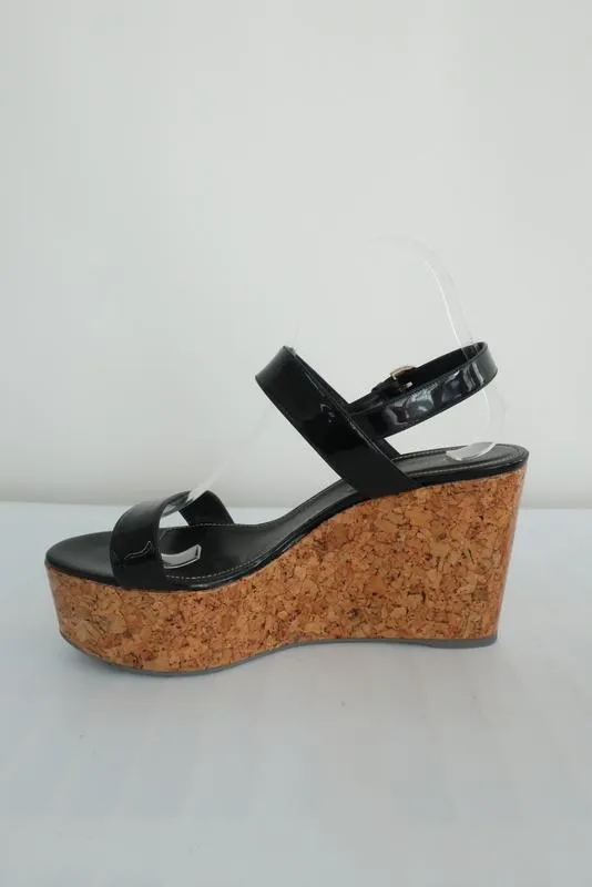 Sergio Rossi Coated Cork Platform Wedge Sandals Black Patent Leather Size 40