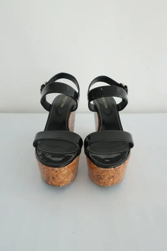 Sergio Rossi Coated Cork Platform Wedge Sandals Black Patent Leather Size 40