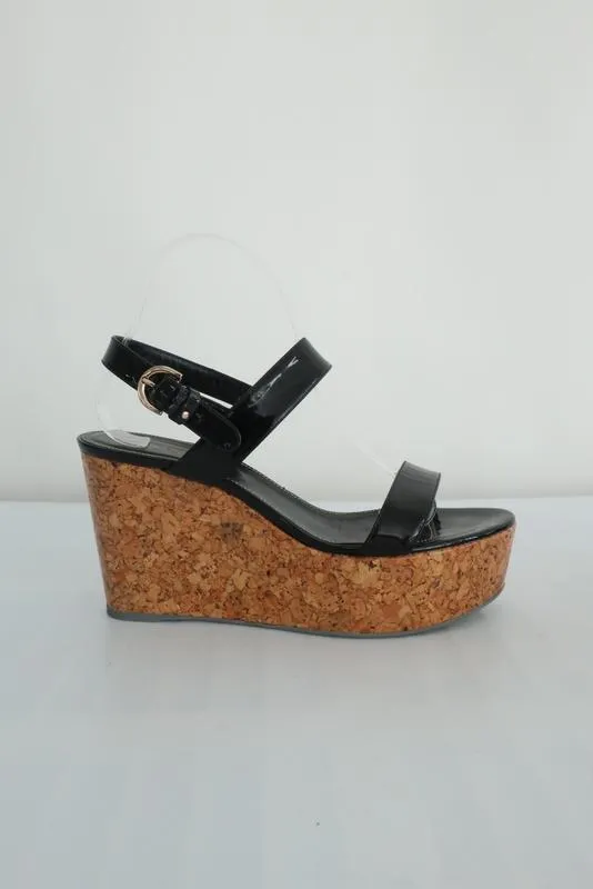 Sergio Rossi Coated Cork Platform Wedge Sandals Black Patent Leather Size 40