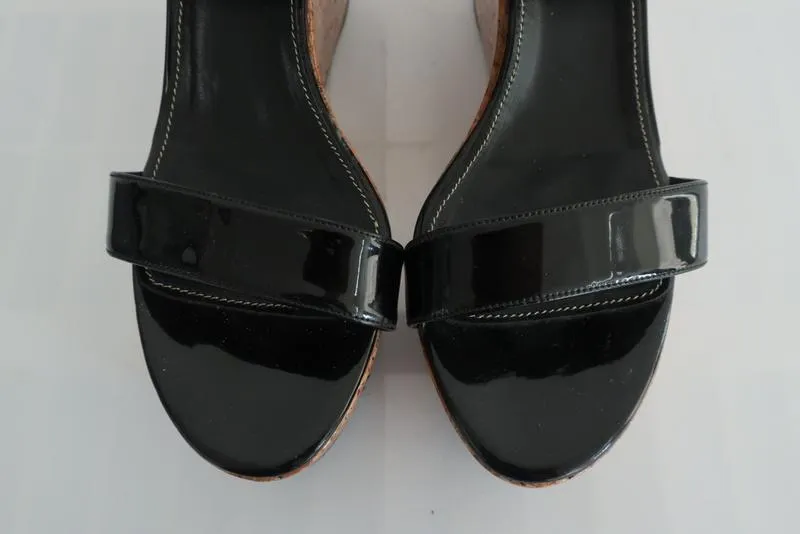 Sergio Rossi Coated Cork Platform Wedge Sandals Black Patent Leather Size 40