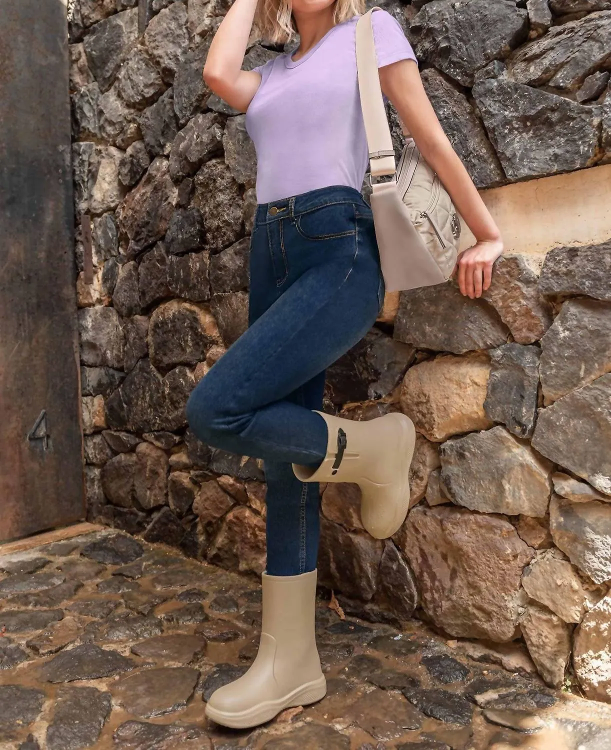 Women's Fashion Rain Boots In Beige